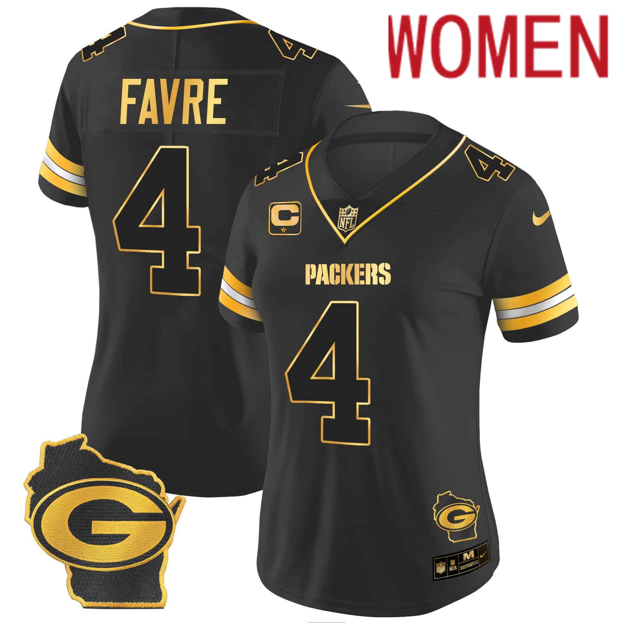 Women Green Bay Packers #4 Favre Black Gold 2024 Nike Home Patch Vapor NFL Jersey style 2